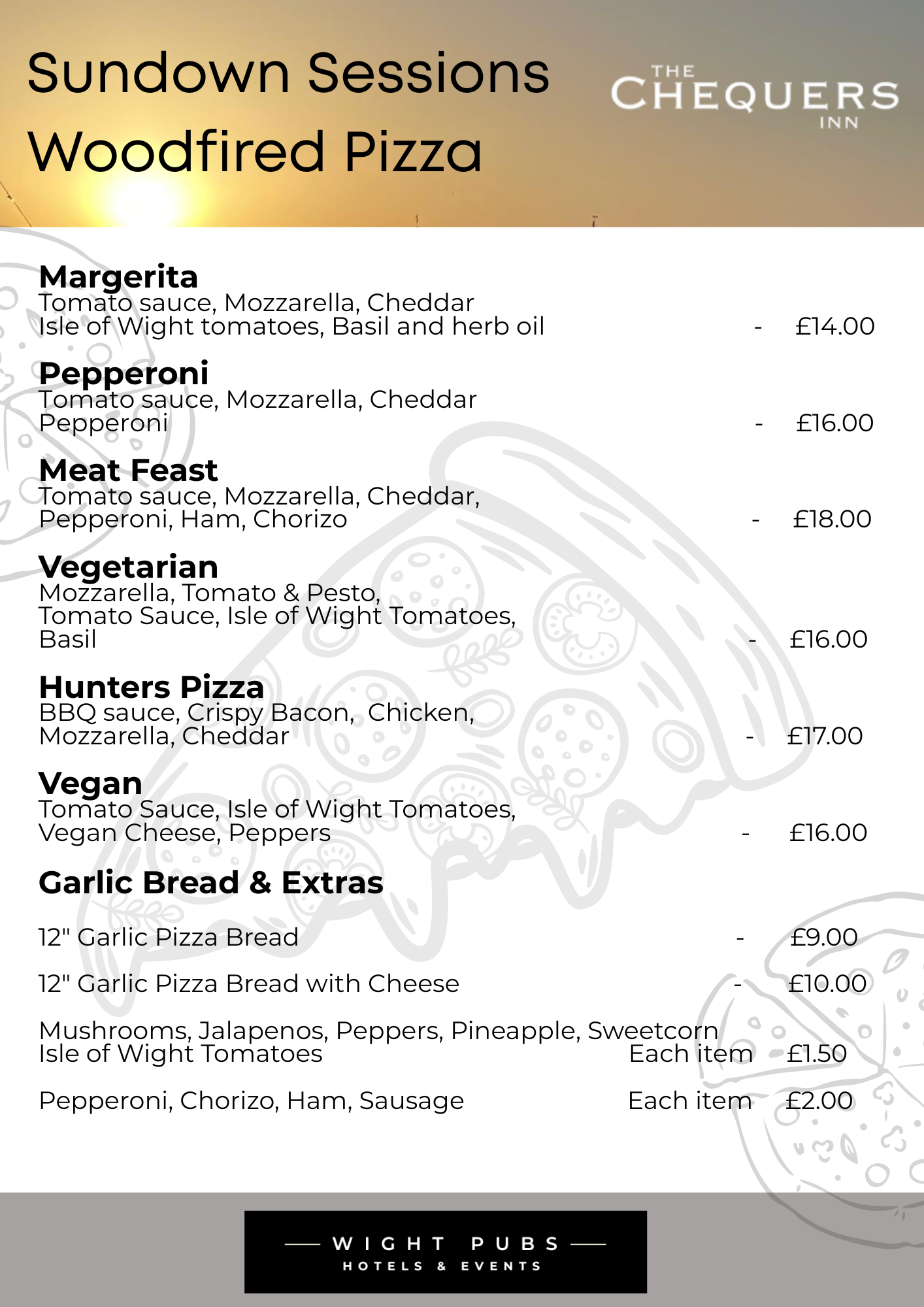 Pizza and sides menu for sundown sessions 
